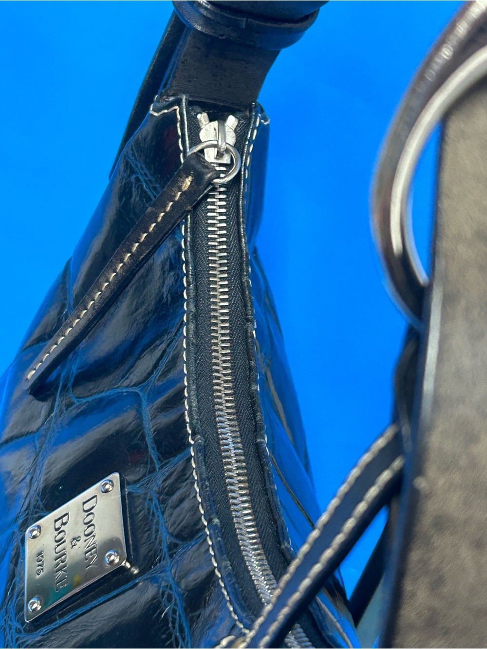 Dooney & Bourke Black w/Blue Croc-Embossed Accents Shoulder Bag Approx. 12x7x 4 - Picture 6 of 17